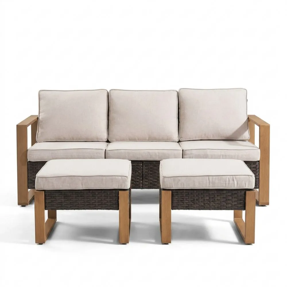 Set Divano da Esterno in Legno e Rattan con Cuscini Beige