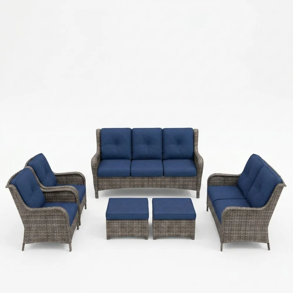 Set Divani da Giardino in Rattan Sintetico con Cuscini in Poliestere Blu