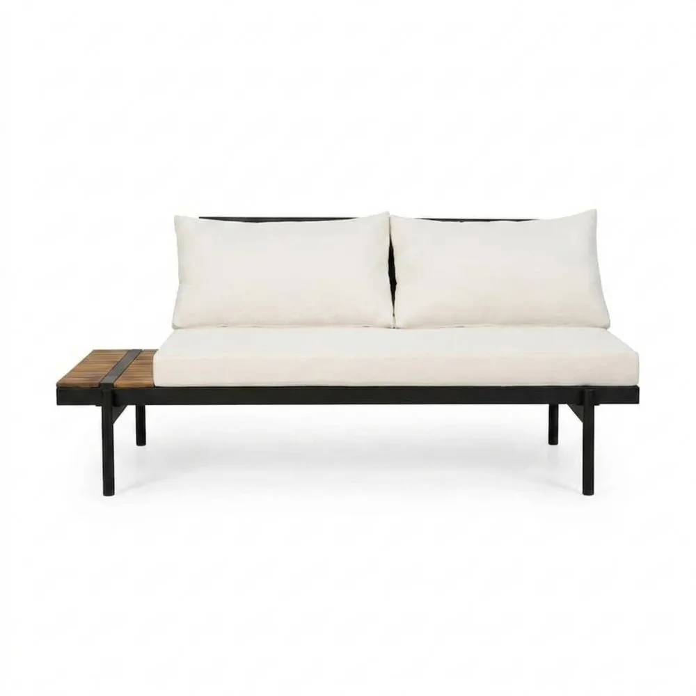 Divano da giardino in acciaio e rovere con cuscini bianchi