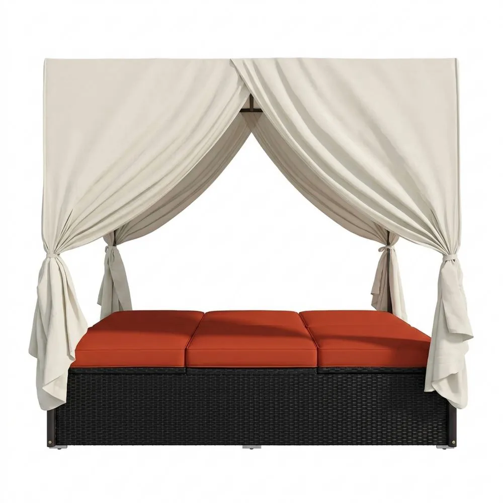 Lettino da Giardino in Rattan con Baldacchino e Cuscini in Poliestere