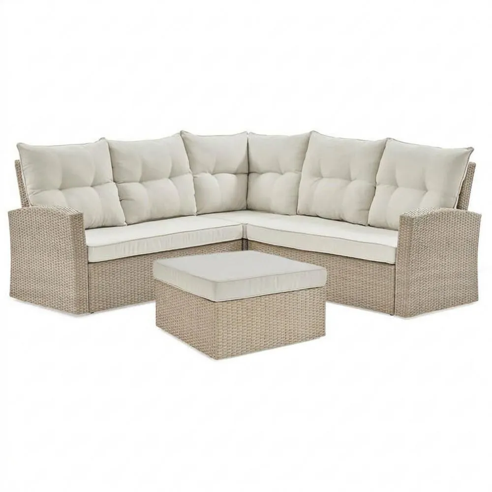 Divano Angolare in Rattan Sintetico Beige con Cuscini Crema