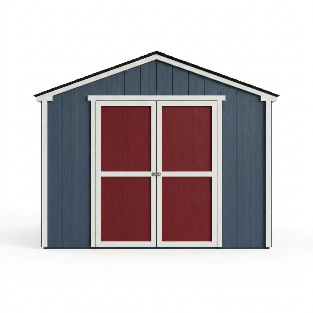 Casetta da giardino esterna in legno trattato, blu e rossa, con doppia porta