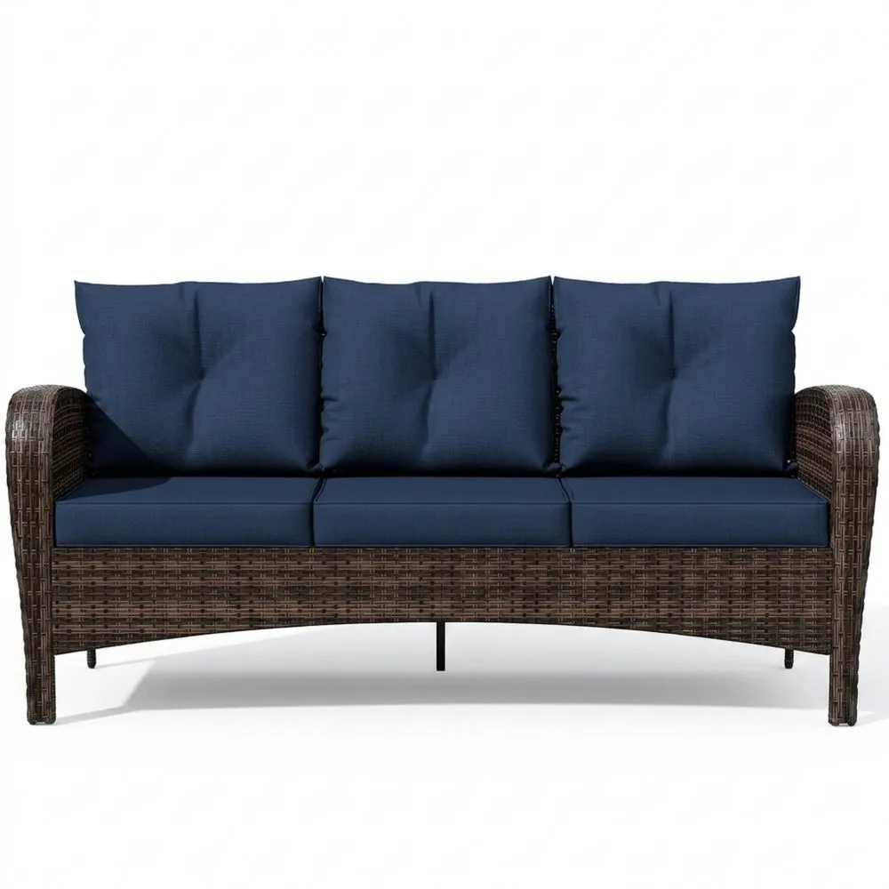 Divano a Tre Posti in Rattan Sintetico con Cuscini in Poliestere Blu