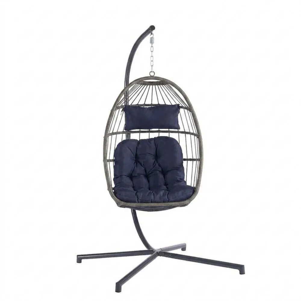 Sedia Sospesa a Uovo in Acciaio e Rattan Sintetico Blu