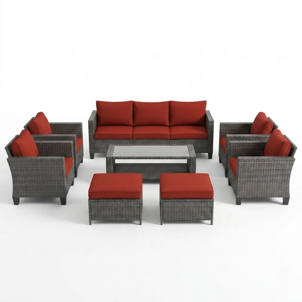 Set Divano da Giardino in Rattan con Cuscini Rossi