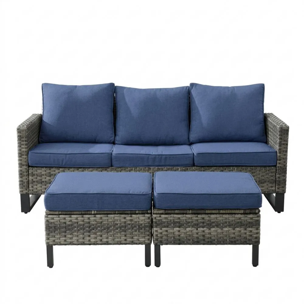 Set Divano Giardino Rattan con Cuscini Blu