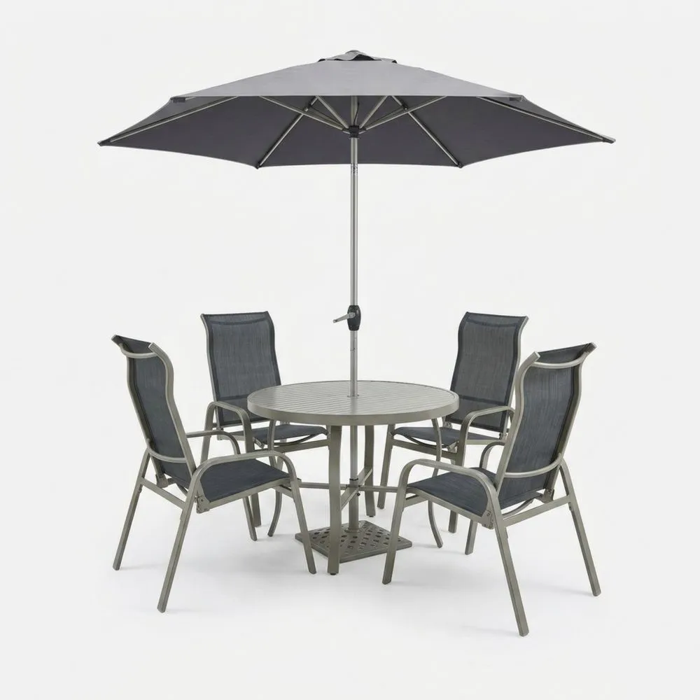 Set da Esterno in Alluminio con Tavolo Rotondo, 4 Sedie e Ombrellone