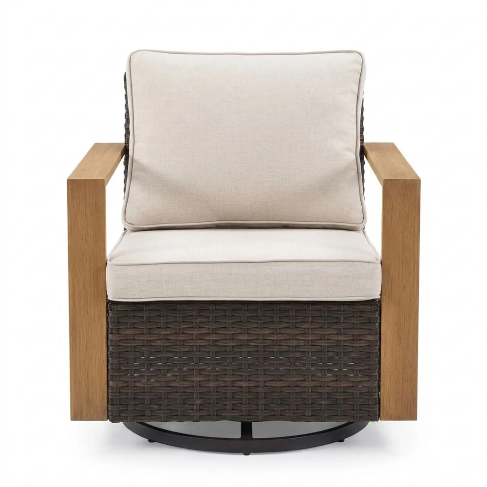 Sedia girevole da esterno in rattan e poltrona in teak, marrone