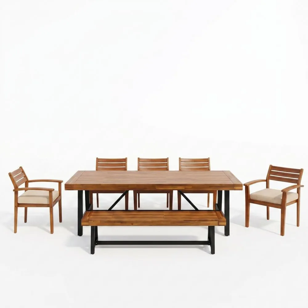 Set da pranzo in legno di acacia e acciaio, 180x90 cm