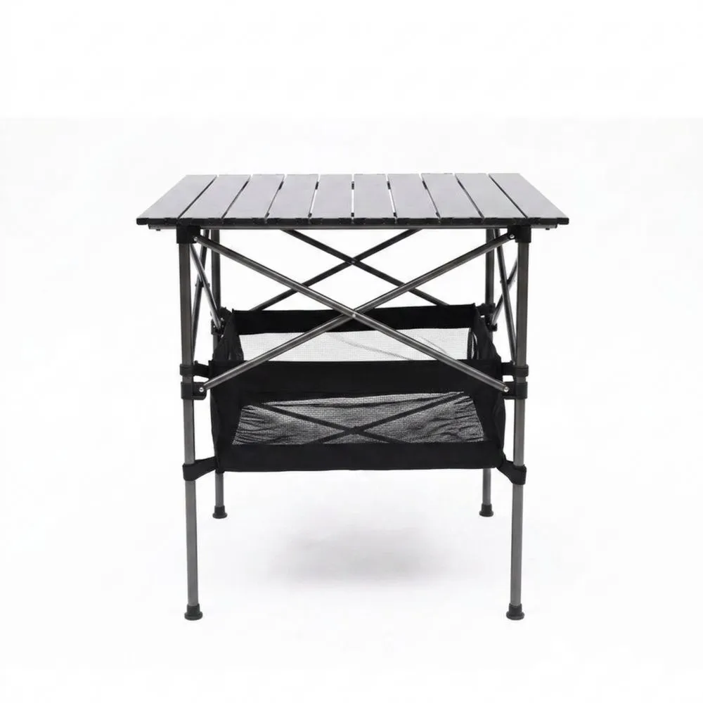 Tavolo pieghevole da campeggio in alluminio con ripiano in rete 69x49x68 cm Nero