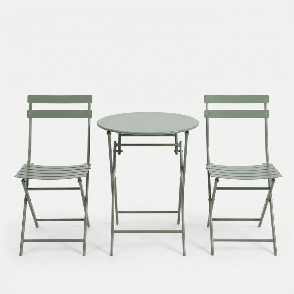 Set da pranzo composto da 3 pezzi: tavolo e sedie pieghevoli in acciaio verniciato verde