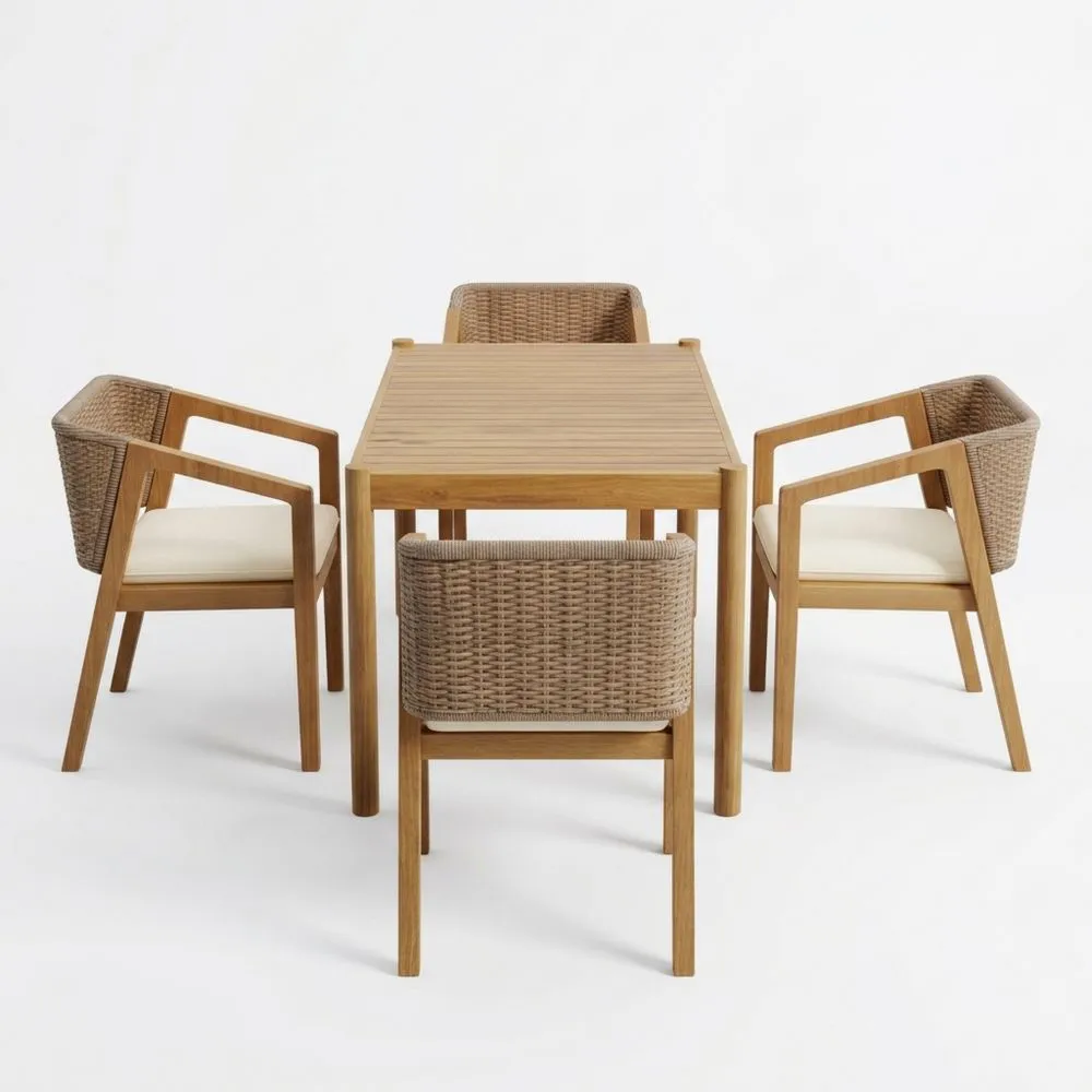 Set da Giardino in Teak e Polyrattan con Tavolo Rettangolare e 4 Sedie