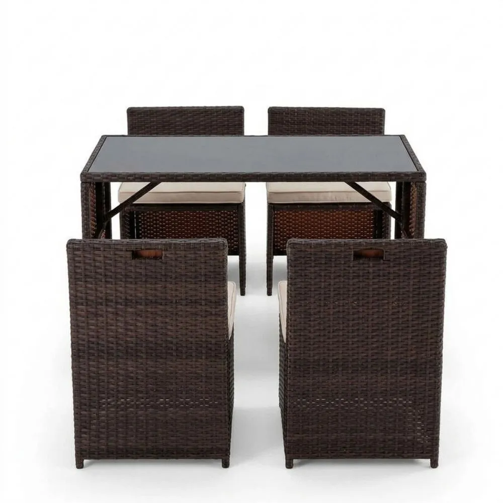 Set Tavolo e Sedie in Polirattan con Piano in Vetro Marrone