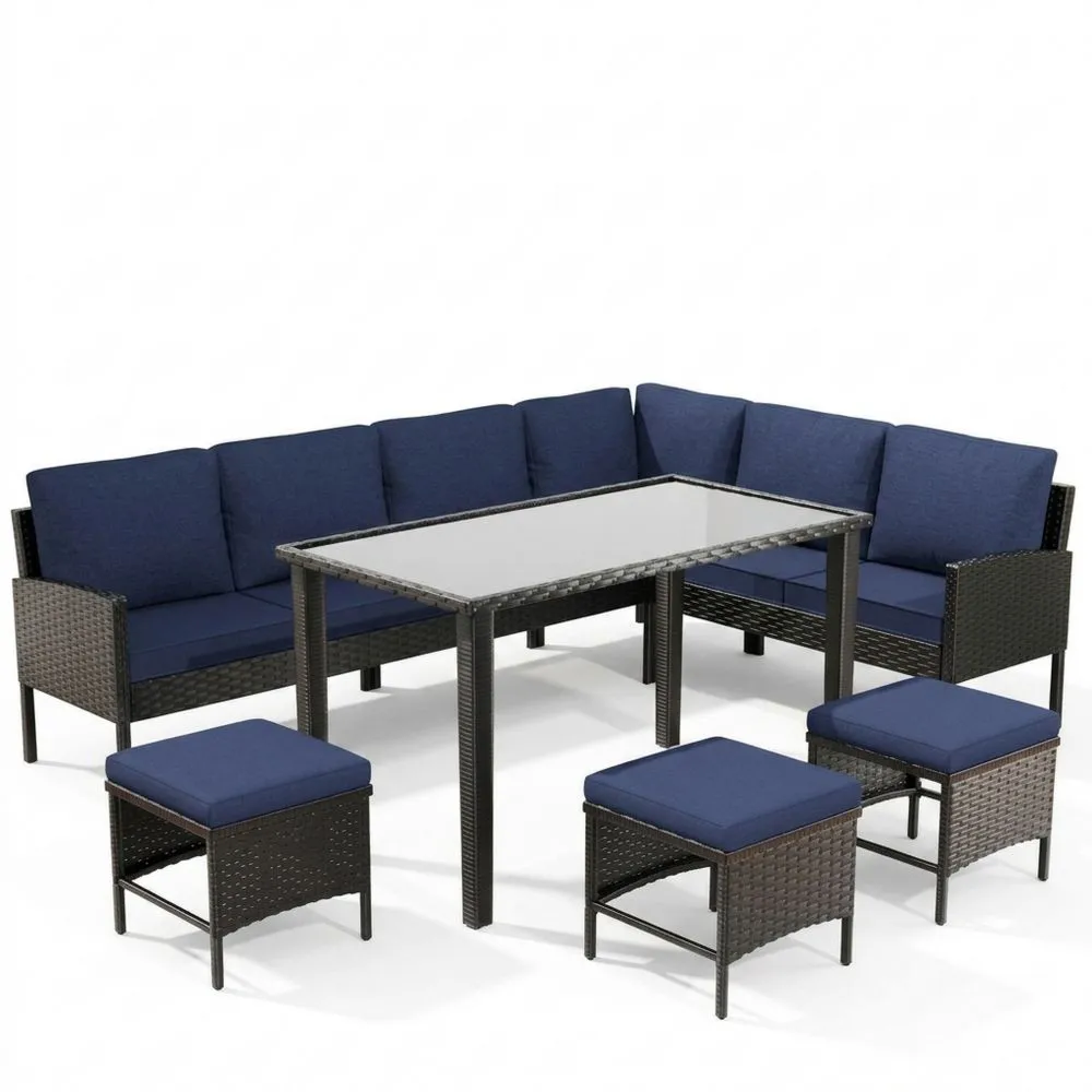 Set da Salotto in Rattan con Tavolo in Vetro Temperato e Cuscini Blu