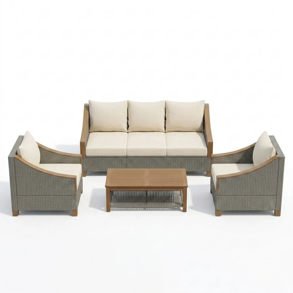 Set da giardino in rattan con telaio in alluminio e cuscini crema