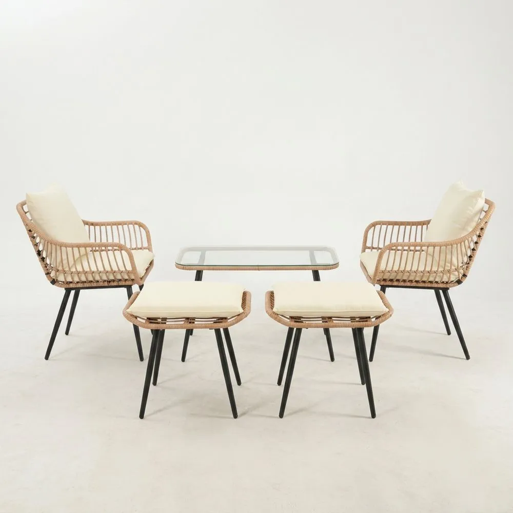 Set da Esterno in Rattan, Acciaio e Vetro Temperato con Cuscini Beige