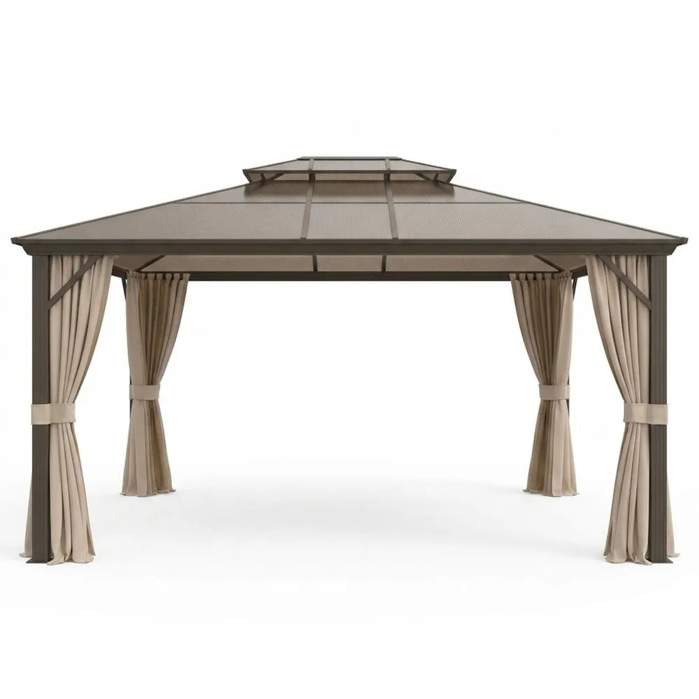 Gazebo in Alluminio con Tetto in Policarbonato e Tende in Poliestere