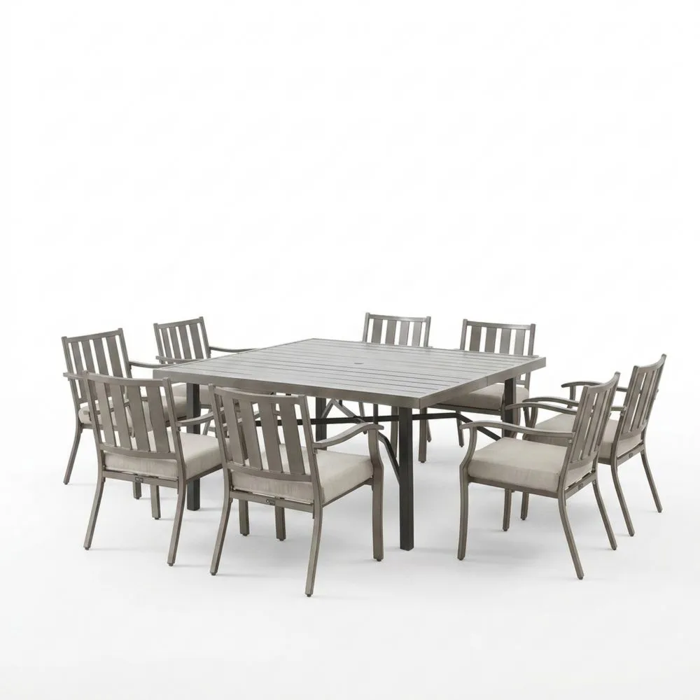 Set tavolo e 8 sedie in alluminio grigio con cuscini in poliestere