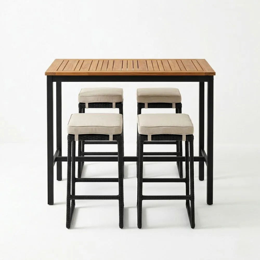 Bistro-Bar-Set mit Hockern aus Akazienholz und Stahlrahmen in Beige/Schwarz
