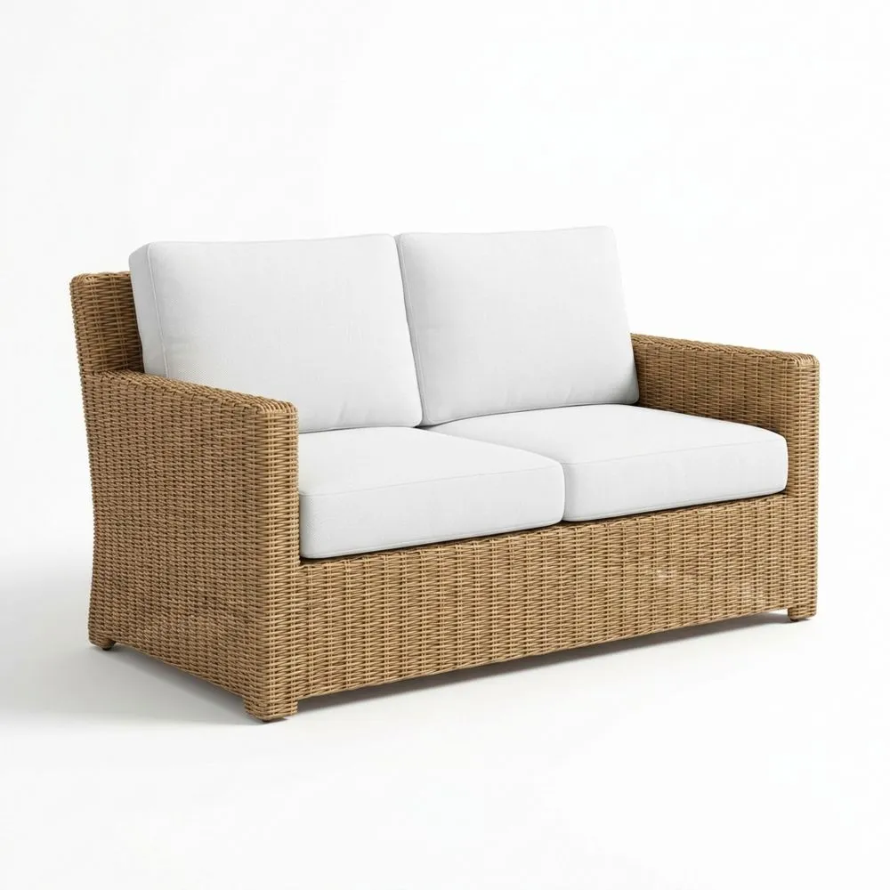 2-Sitzer-Gartensofa aus Rattan mit weißen Kissen