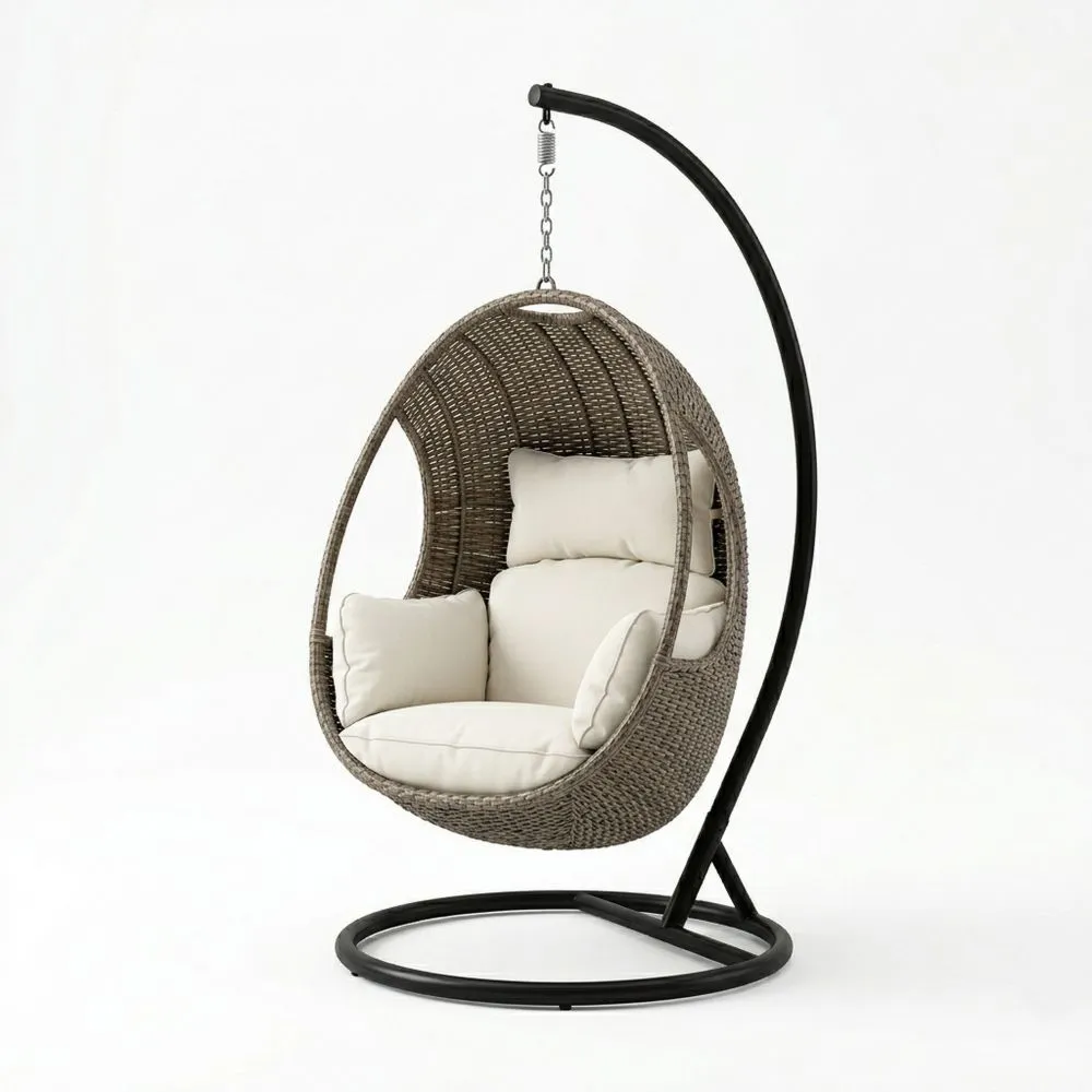 Hängesessel aus Stahl mit Kunstharzgeflecht und Polyesterkissen, Braun/Beige