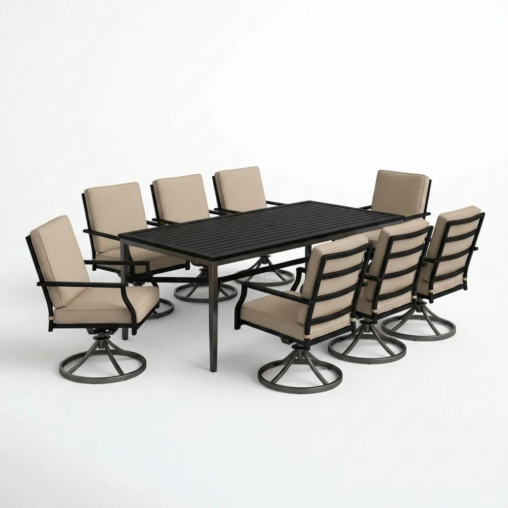Aluminium-Garten-Essgruppe für 8 Personen in Schwarz mit beigen Kissen