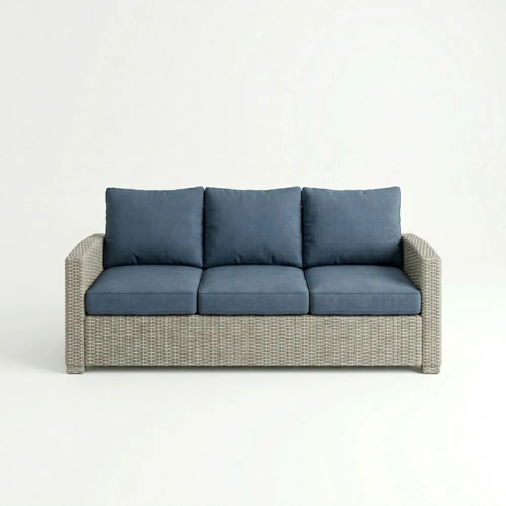 3-Sitzer Outdoor-Sofa aus Polyrattan Grau mit Blauen Kissen