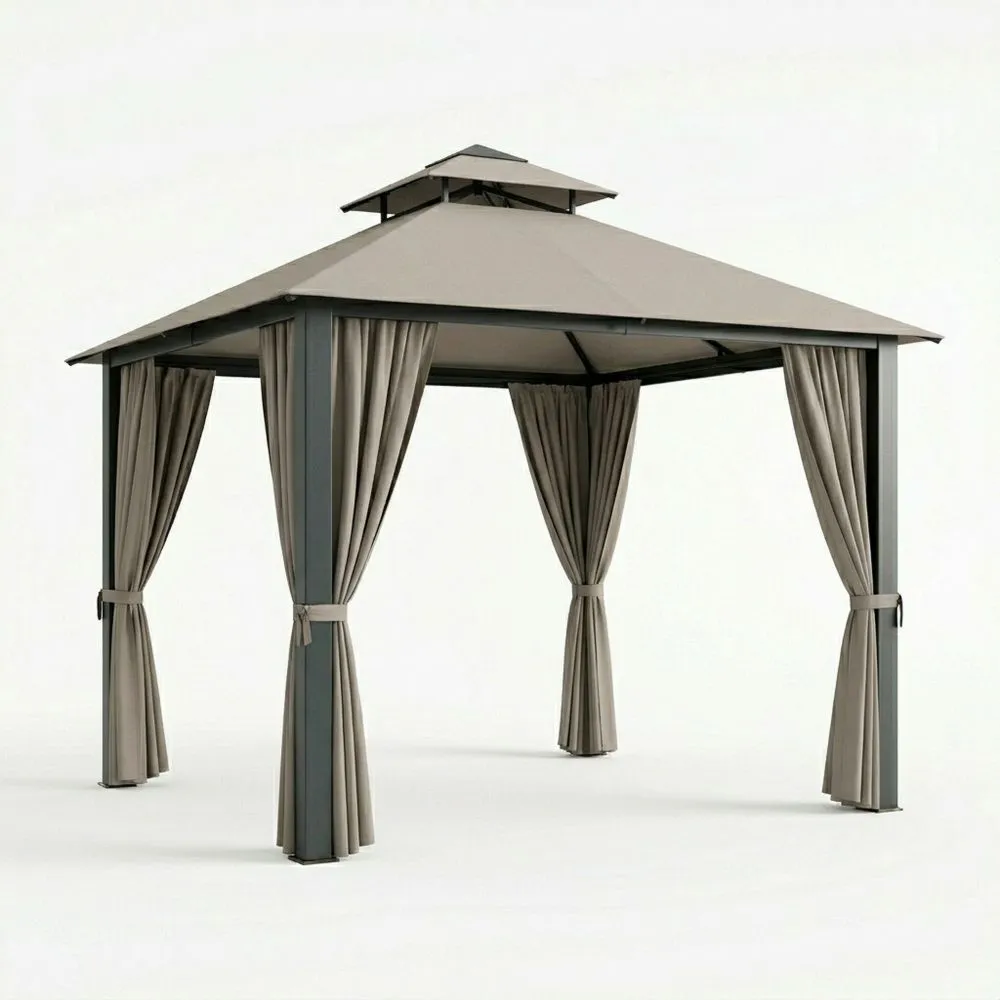 Aluminium Pavillon mit Polyester-Dach und Vorhängen Beige,  3x3m (L × B)