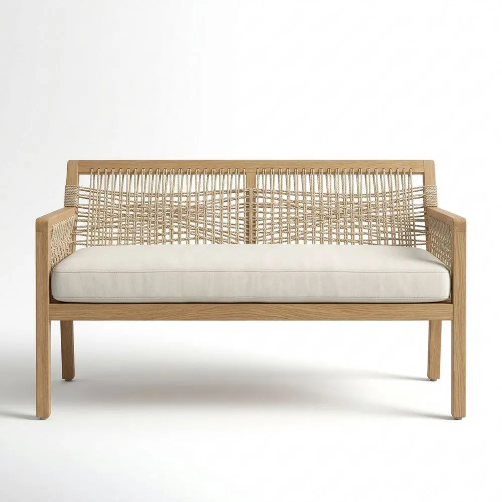 Zweisitzige Outdoor-Bank aus Teakholz mit Geflecht-Rückenlehne