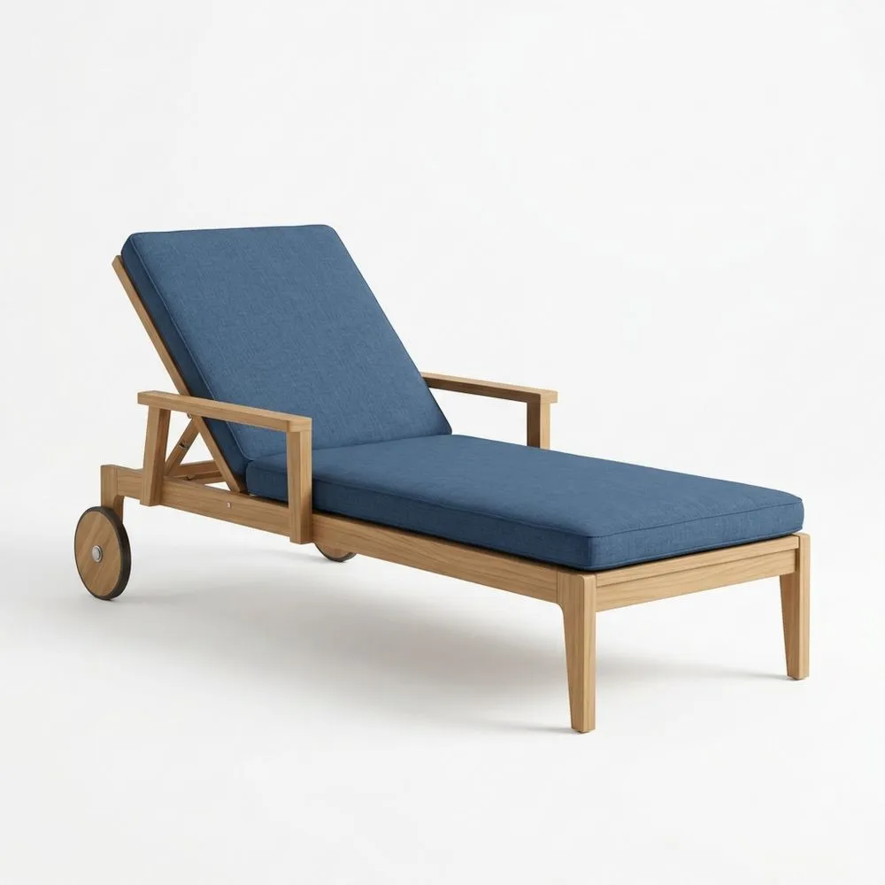 Teakholz Liegestuhl mit blauen Kissen, verstellbar