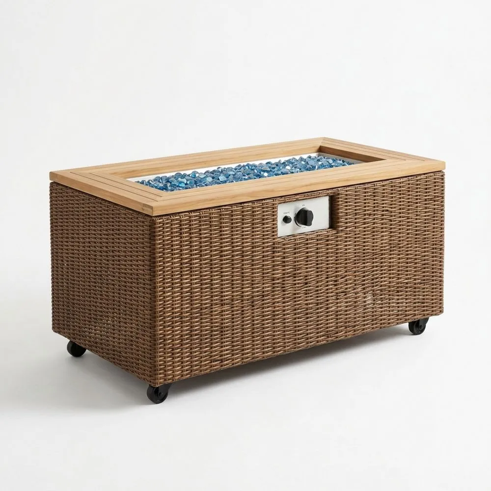 Gas-Feuertisch aus Rattan mit Teakholzrahmen und blauen Glassteinen