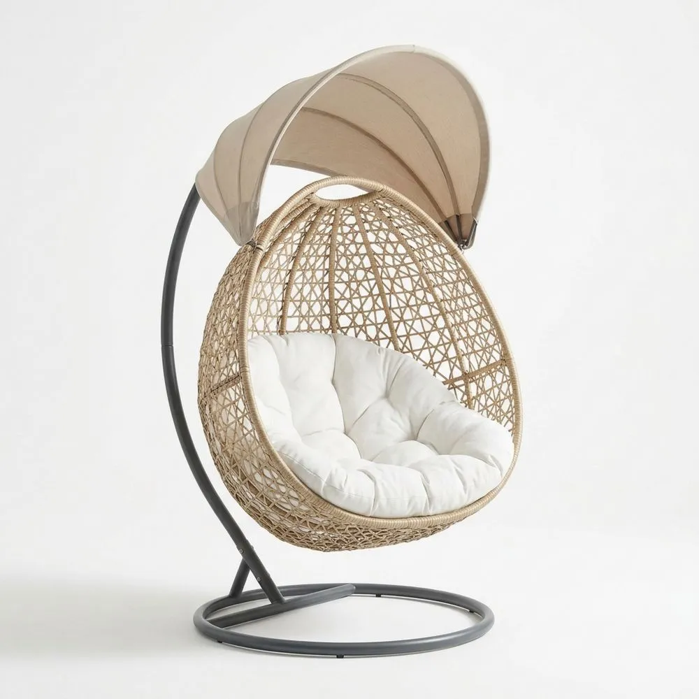 Hängesessel aus Rattan mit Stahlrahmen und Sonnenschutz Beige