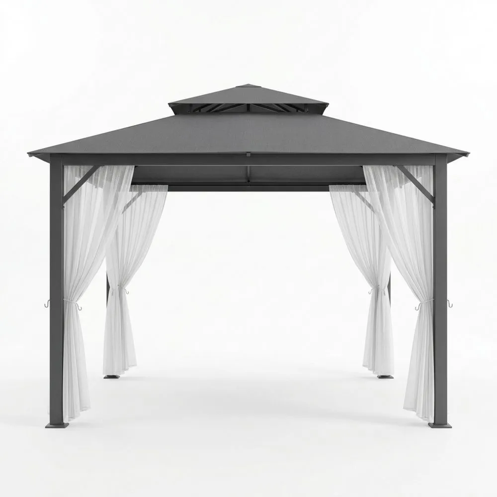 Metallpavillon mit Polyesterdach und Vorhängen Grau, 3x3m(L × B)