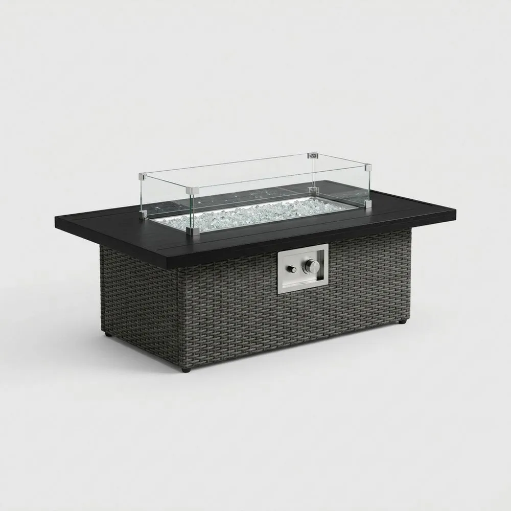 Feuertisch Rattan Aluminium mit gehärtetem Glas