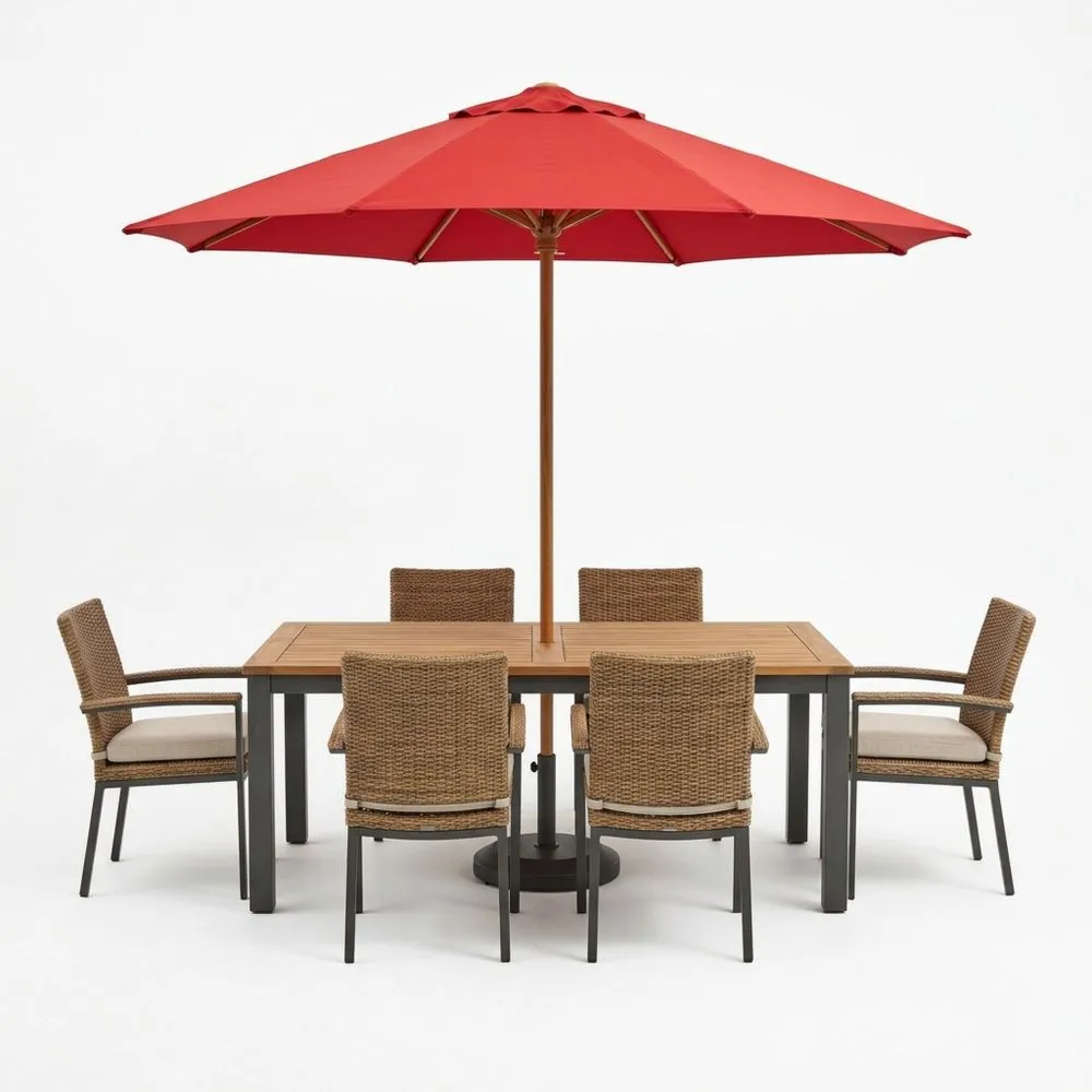 Garten-Essgruppe mit Tisch, Sonnenschirm und 6 Polyrattan-Stühlen