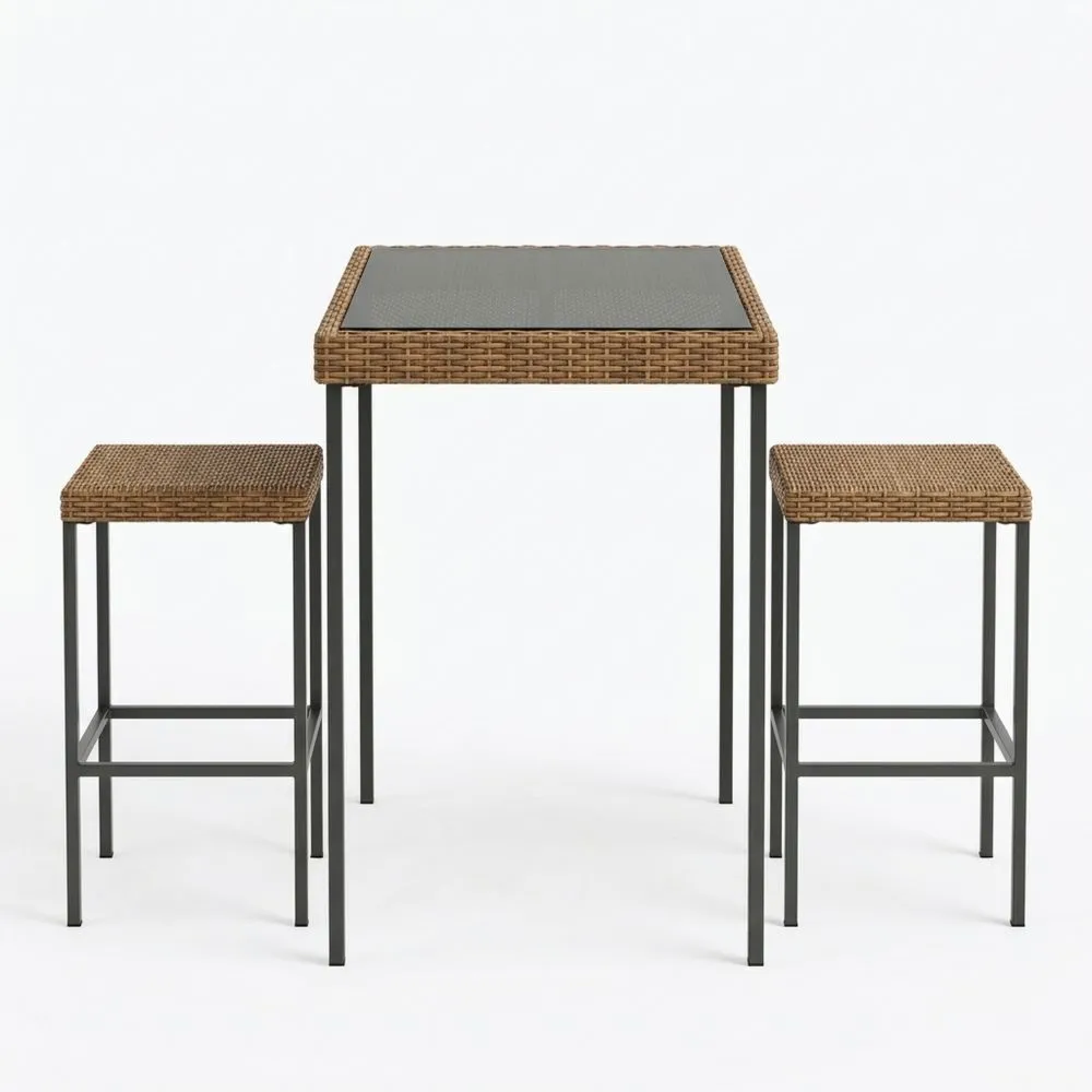 Bistro-Bar-Set aus Stahl und Rattan mit Glasplatte Braun/Schwarz