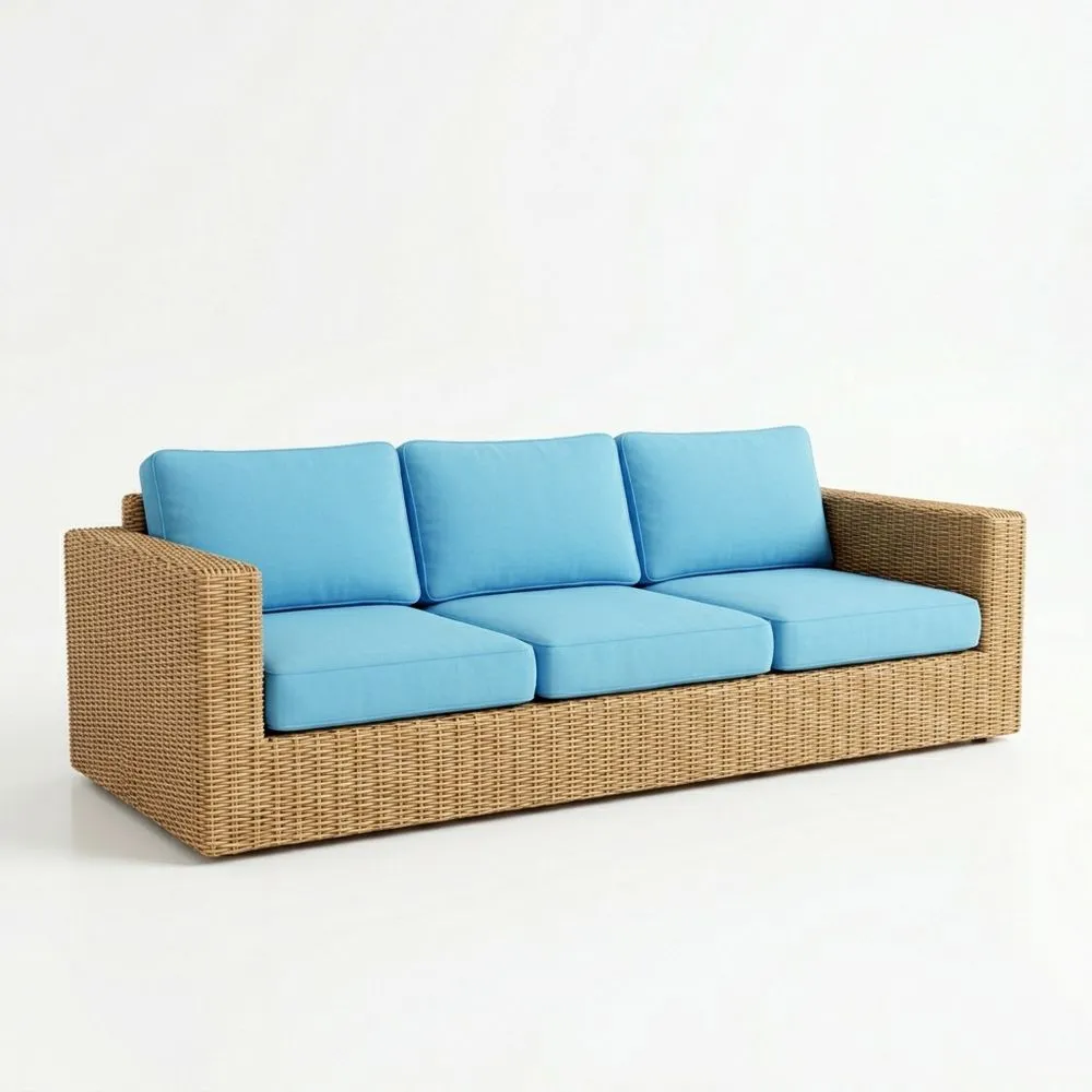 Rattan 3-Sitzer Sofa mit blauen Kissen