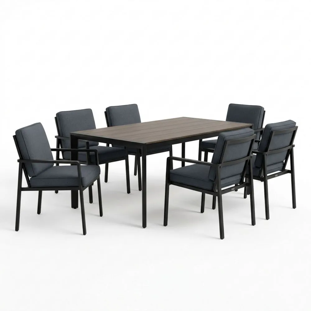 Stahl-Garten-Essgruppe mit 6 Stühlen in Dunkelgrau und Schwarz