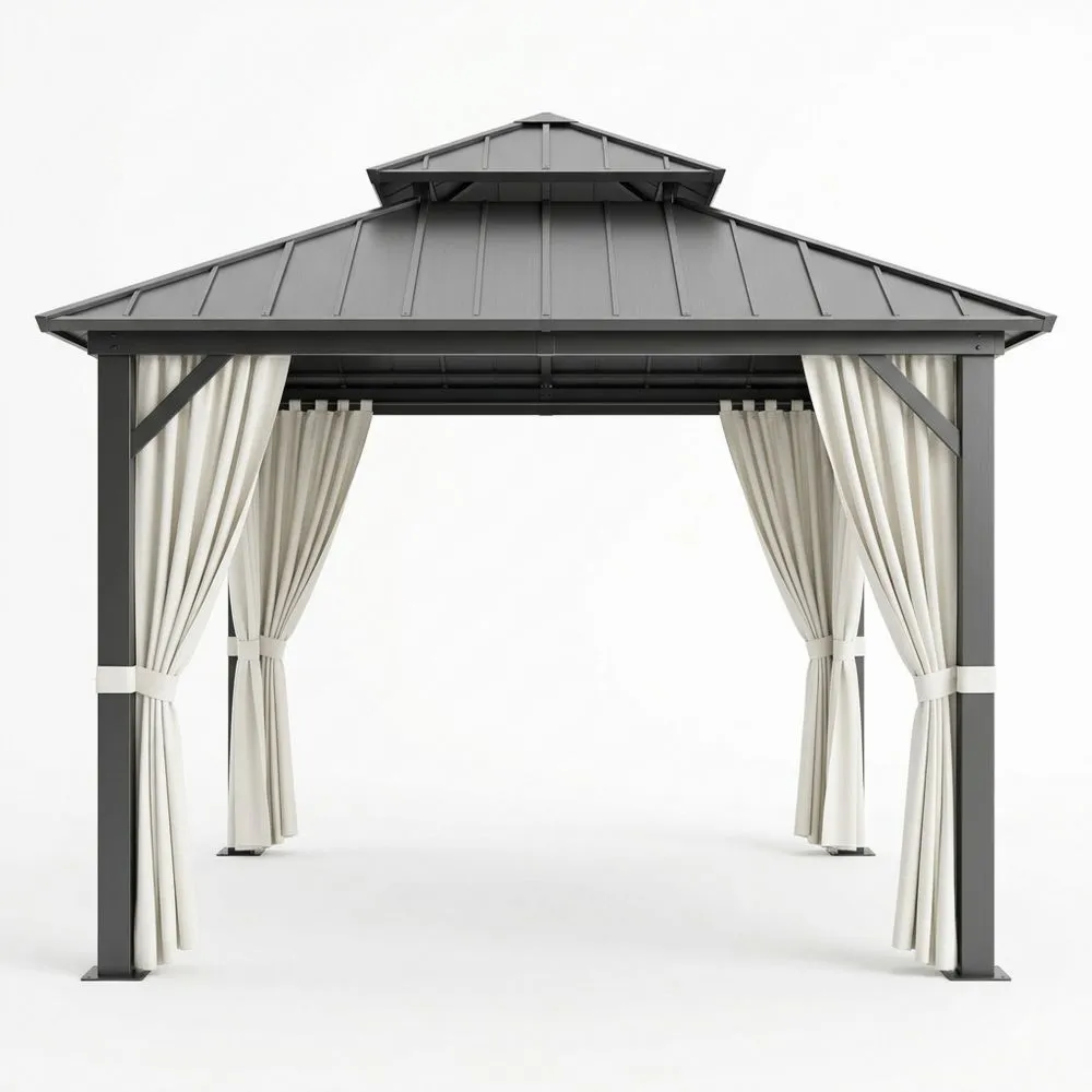 Metallpavillon mit Stahlrahmen und Polyester-Vorhängen Anthrazit/Weiß, 3x3m(L × B)