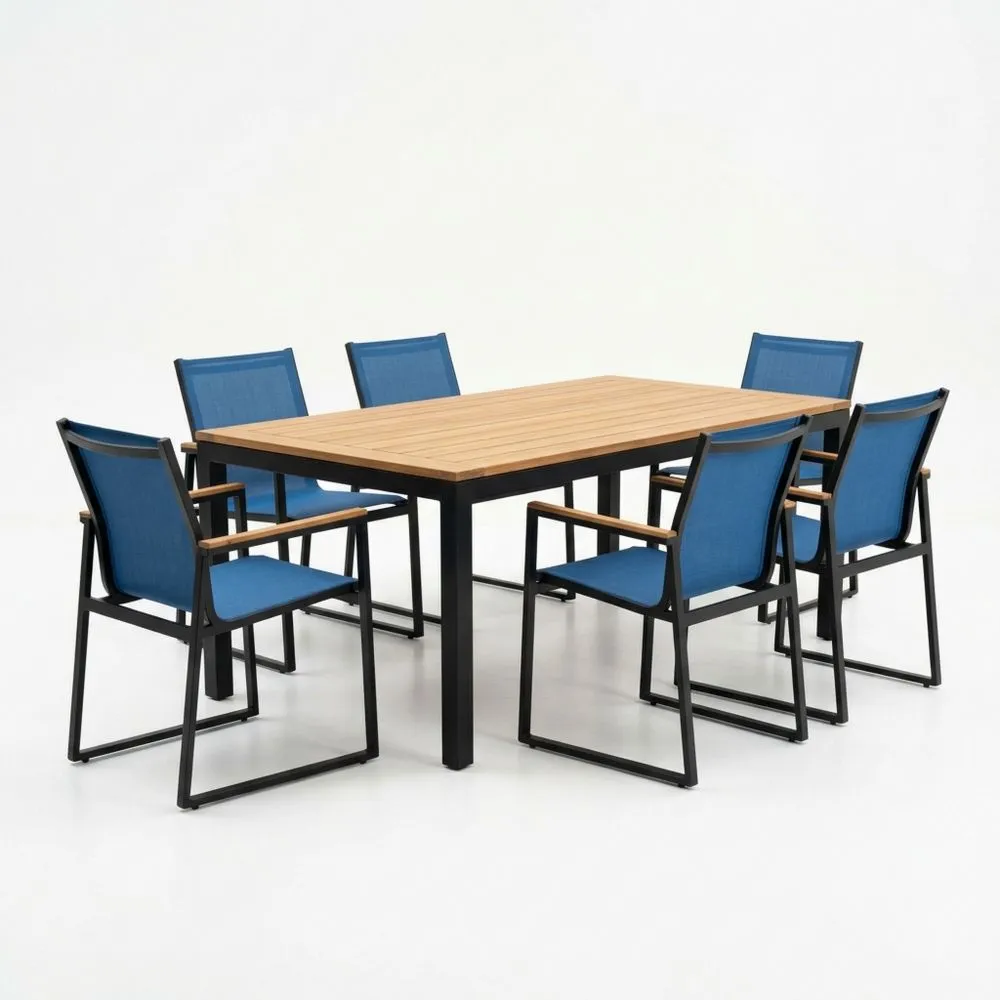 Aluminium-Garten-Essgruppe mit Tisch und 6 Teakholz-Stühlen in Blau