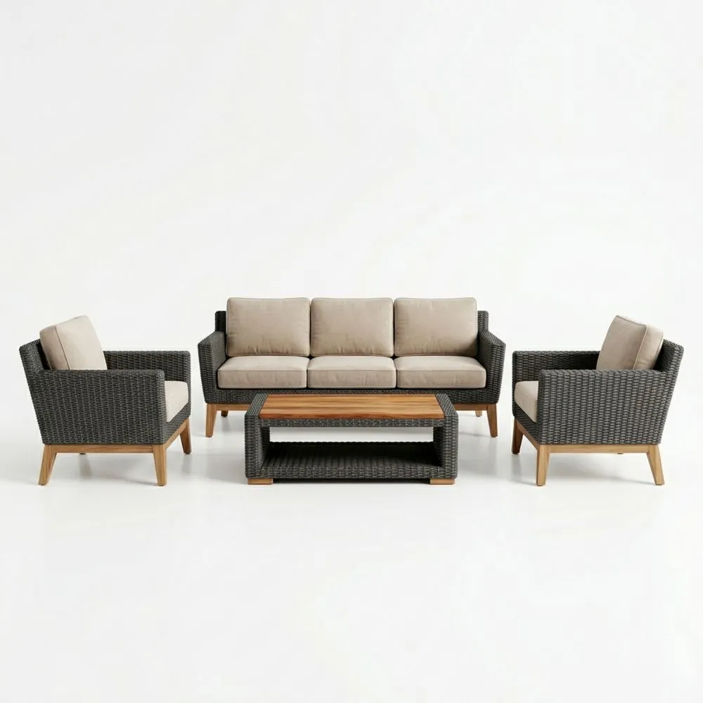 4-teiliges Gartenmöbel-Set aus Rattan mit Teakholzbeinen und Polyesterkissen in Grau und Beige