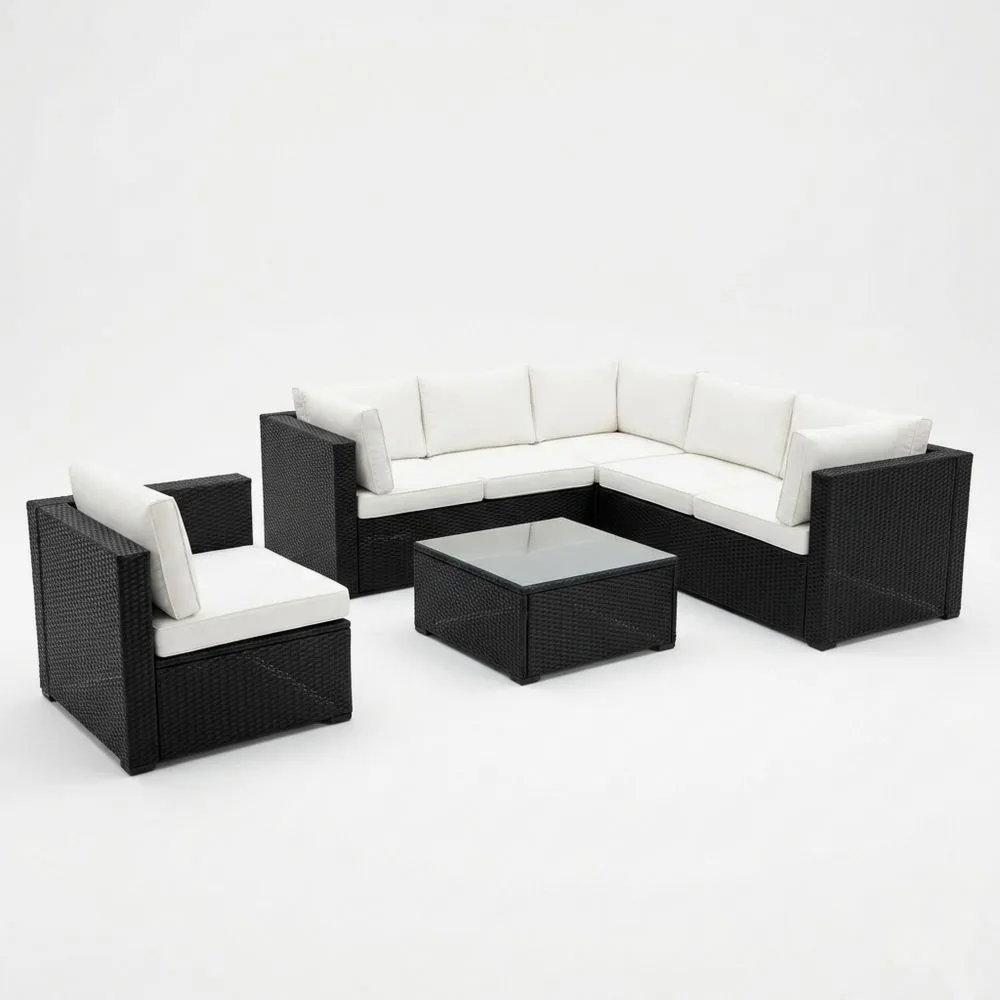 Polyrattan-Garten-Sofa-Set mit Kissen und Glasplatte in Schwarz/Weiß
