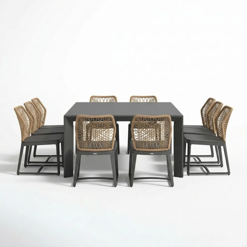 Essgruppe Aluminium Tisch und Polyrattan-Geflecht Stühle Schwarz/Beige