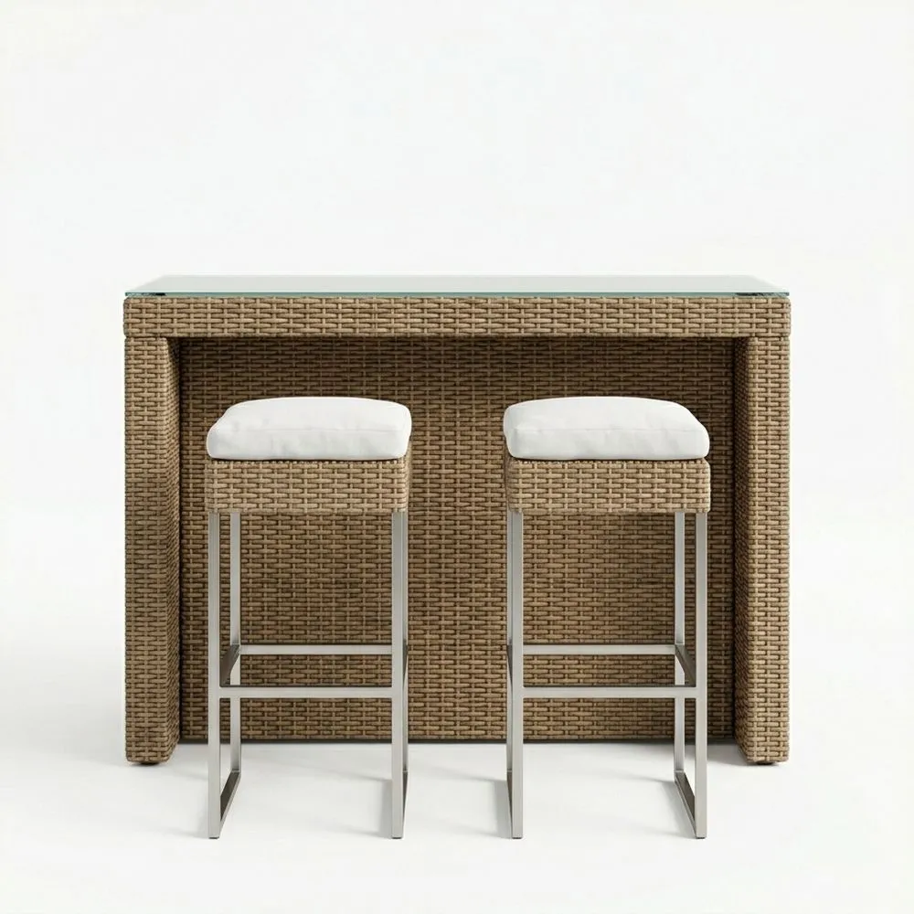 Bar-Set aus Polyrattan mit Glasplatte, 2 Barhocker, Edelstahl, Beige