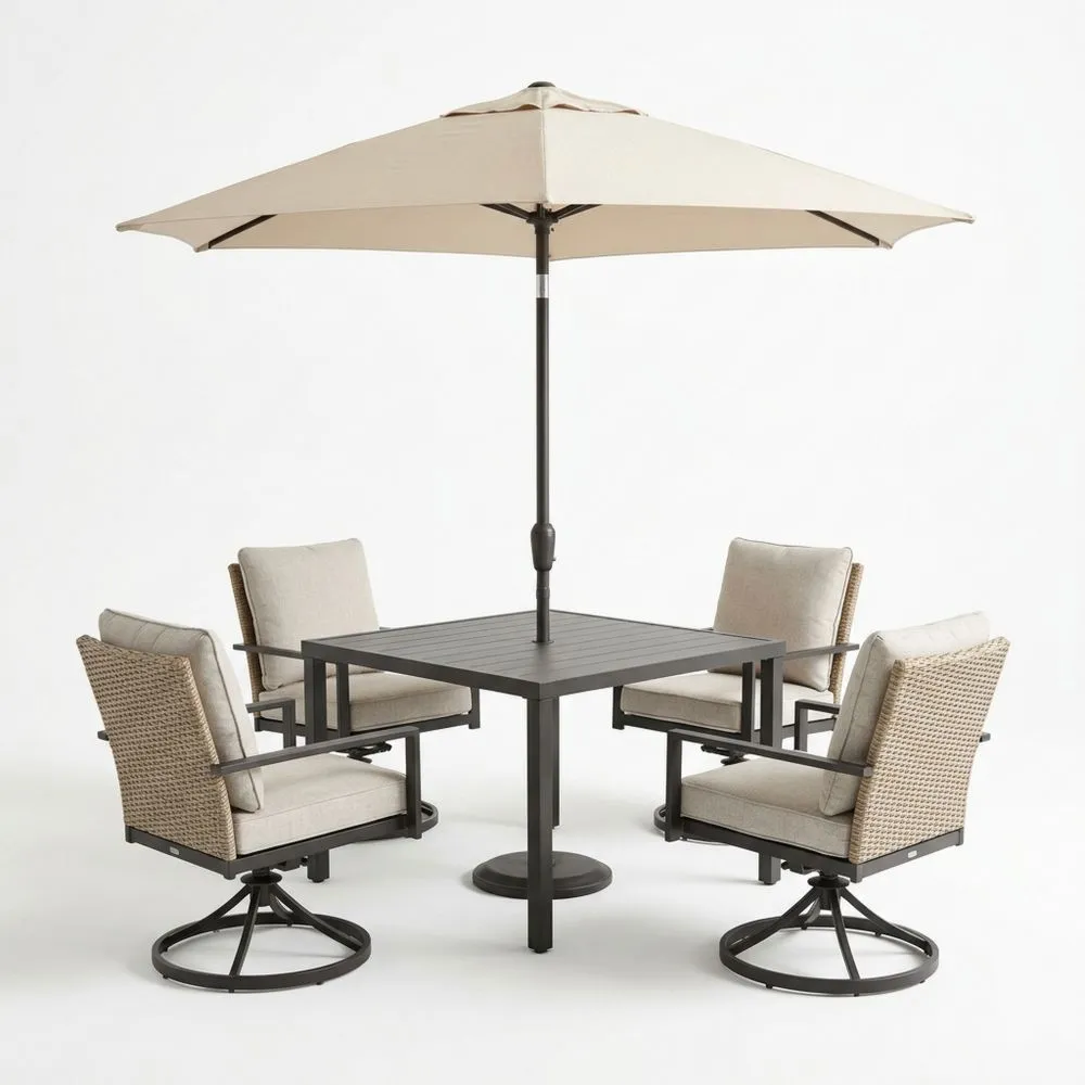 Garten-Essgruppe mit quadratischem Tisch, Sonnenschirm und 4 Sessel aus Aluminium, Polyrattan und Polyester