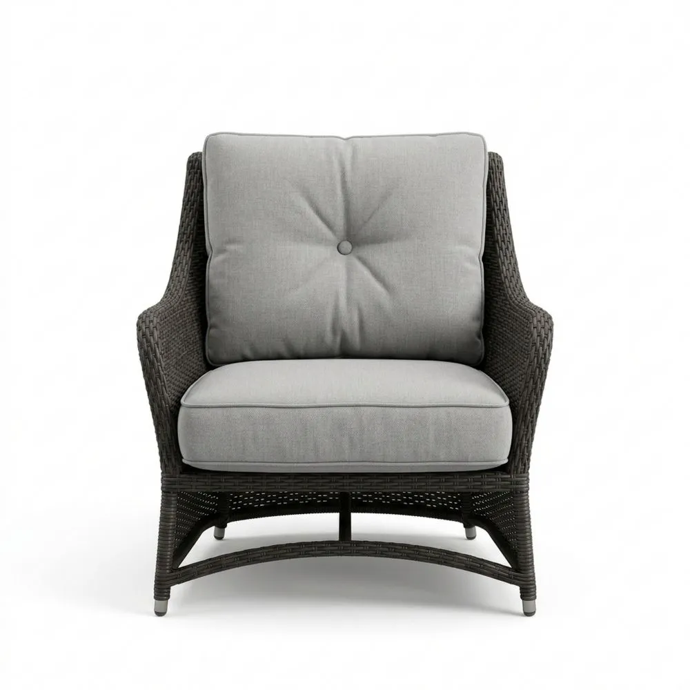 Gartenstuhl Rattangeflecht Dunkelbraun mit Grauen Kissen