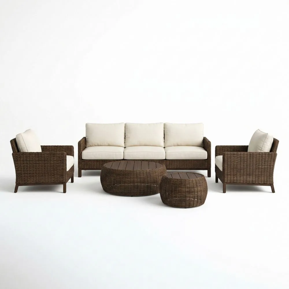 5-teiliges Outdoor-Möbelset Akazienholzstruktur Sofa Beige Kissen Tisch Rund
