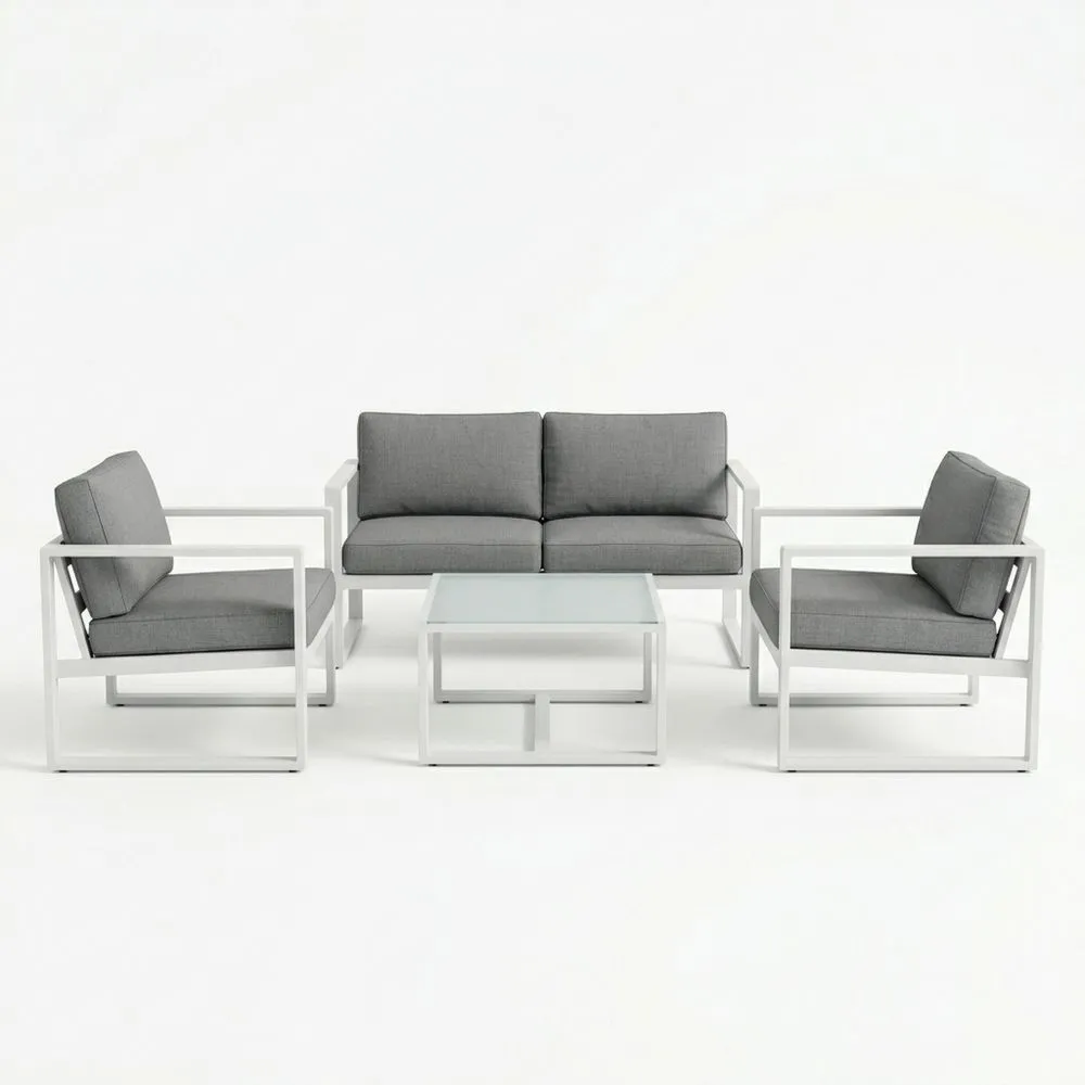 Aluminium-Garten-Sofa-Set mit grauen Kissen und Glastisch