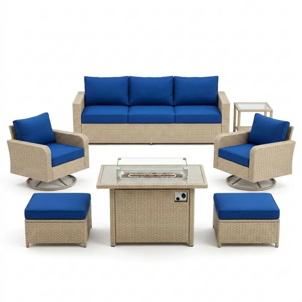 Aluminium-Garten-Sofa-Set aus Polyethylen-Rattan  mit blauen Kissen, Sofa, Sessel, Feuertisch und Tisch