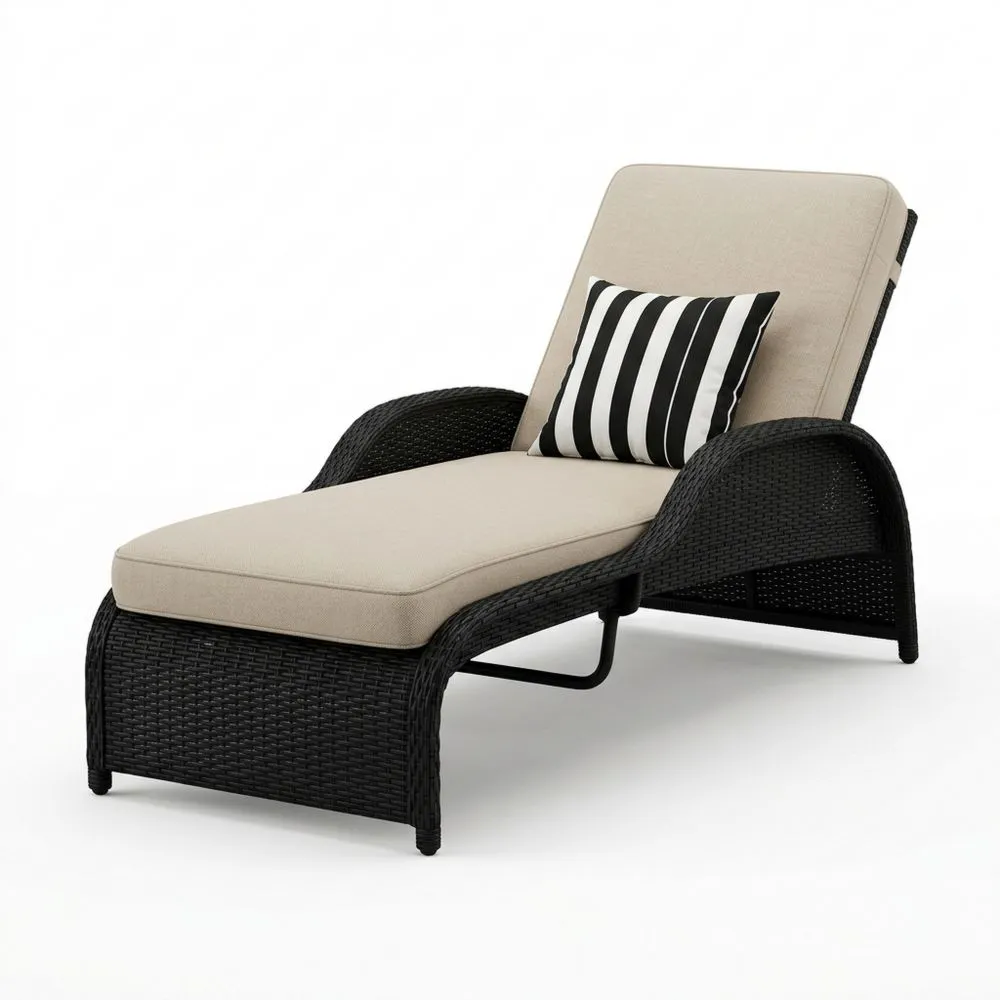 Rattan Liegestuhl mit Stahlrahmen und Polyesterpolster, Schwarz Beige